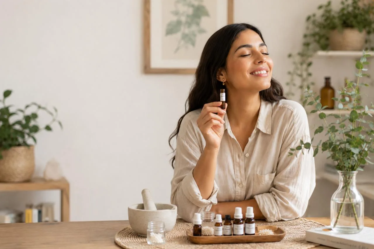 Mujer sonriente sosteniendo un frasco de remedio homeopático, rodeada de plantas, goteros y un mortero en un ambiente natural y sereno